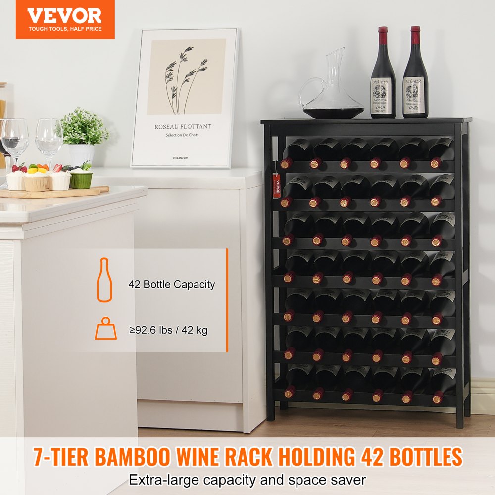 VEVOR 42 Bottle Modular Wine Rack, 7-Tier Solid Bamboo Wood Storage Racks with Table Top, Floor Freestanding Wines Holder Display Shelf, Wobble-Free Shelves for Kitchen, Bar, and Cellar (Black)