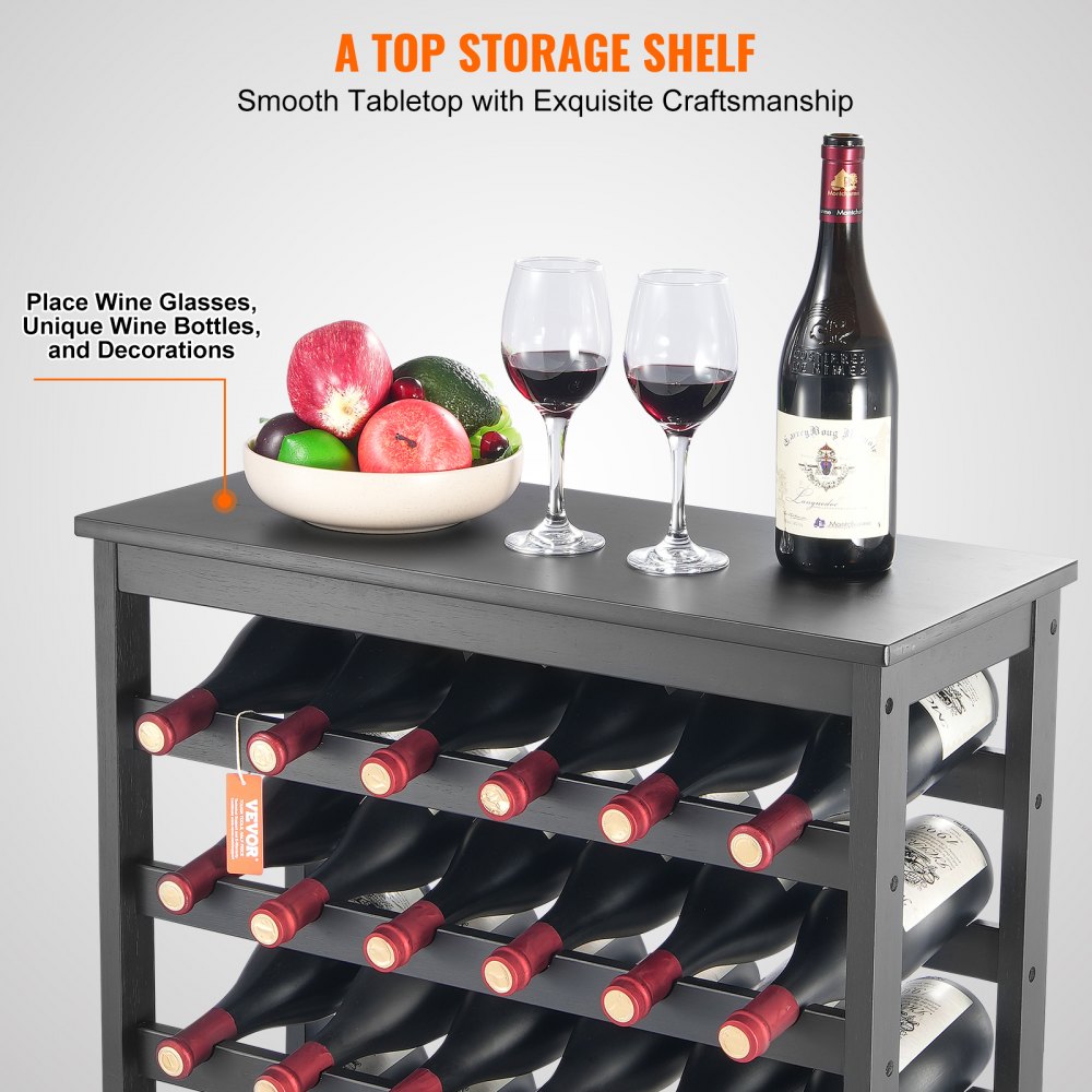 VEVOR 42 Bottle Modular Wine Rack, 7-Tier Solid Bamboo Wood Storage Racks with Table Top, Floor Freestanding Wines Holder Display Shelf, Wobble-Free Shelves for Kitchen, Bar, and Cellar (Black)