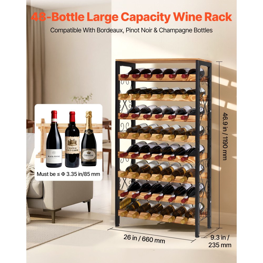 VEVOR 48 Bottle Wine Rack,8-Tier Wine Bottle Holder,Freestanding Floor Display Wine Storage Shelves with Wood Table Top,For Kitchen Pantry, Cellar, Bar, Dining Room, Living Room, Black