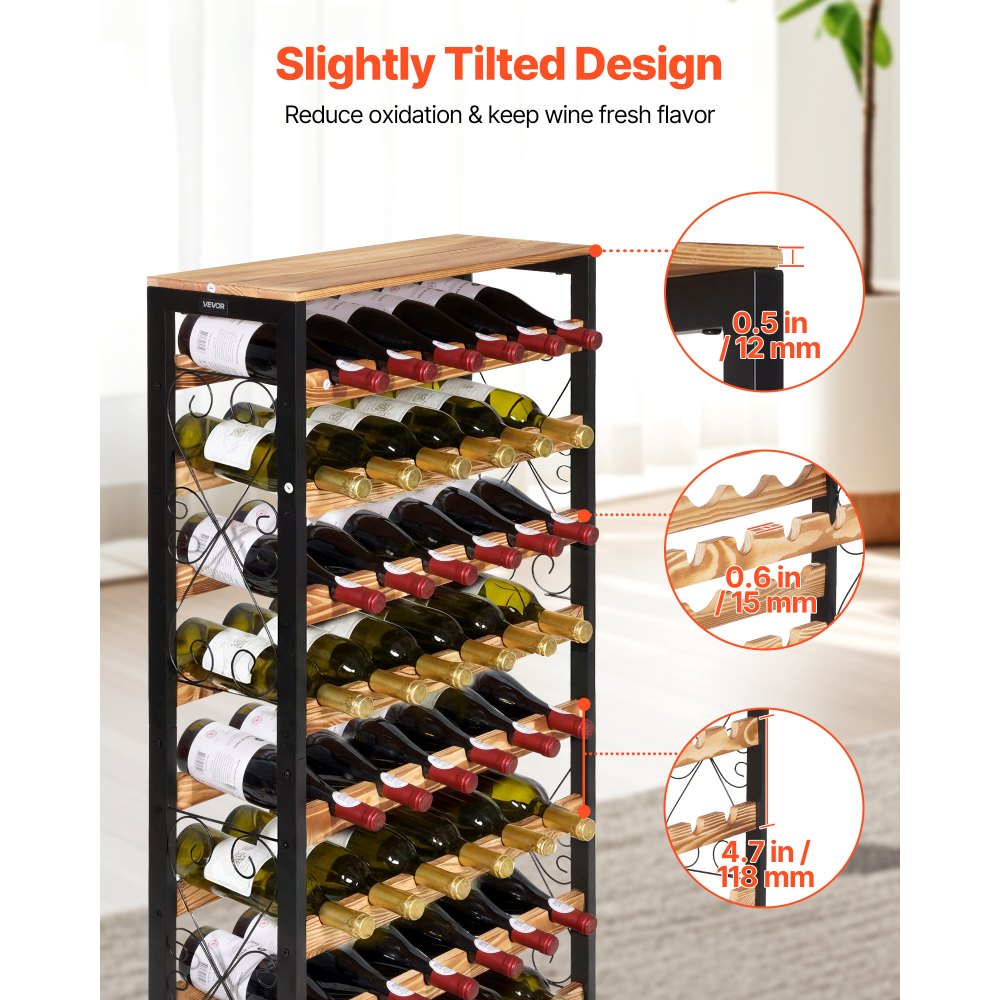 VEVOR 48 Bottle Wine Rack,8-Tier Wine Bottle Holder,Freestanding Floor Display Wine Storage Shelves with Wood Table Top,For Kitchen Pantry, Cellar, Bar, Dining Room, Living Room, Black