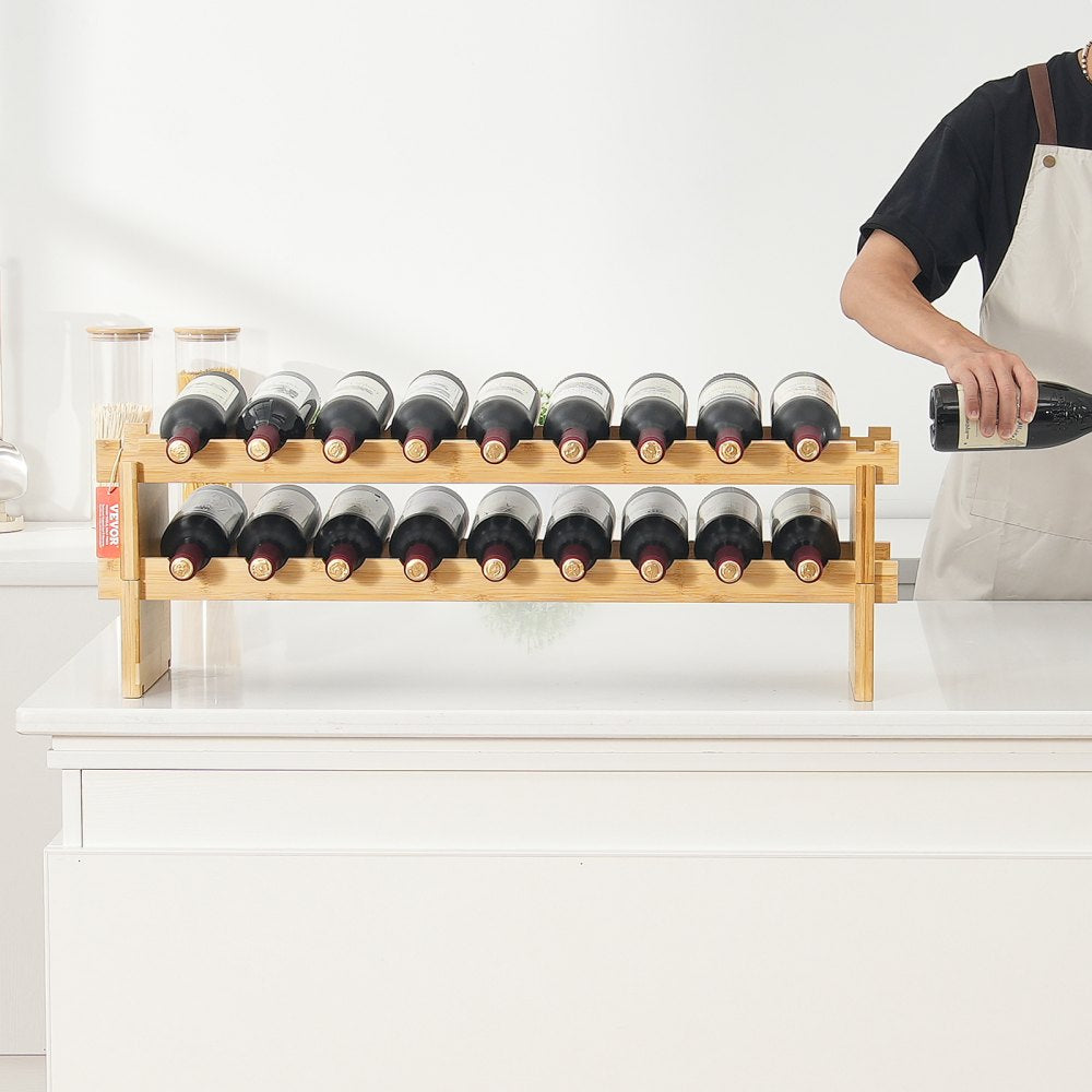 VEVOR 18 Bottle Stackable Modular Wine Rack, 2-Tier Solid Bamboo Wood Storage Racks, Floor Freestanding Wines Holder Display Shelf, Wobble-Free Shelves for Kitchen, Bar, and Cellar (Natural Color)