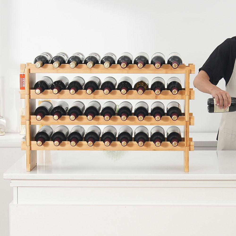 VEVOR 36 Bottle Stackable Modular Wine Rack, 4-Tier Solid Bamboo Wood Storage Racks, Floor Freestanding Wines Holder Display Shelf, Wobble-Free Shelves for Kitchen, Bar, and Cellar (Natural Color)