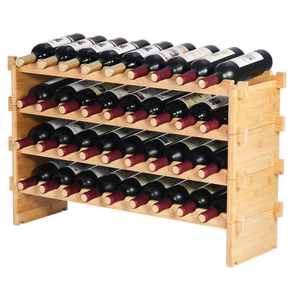 VEVOR 36 Bottle Stackable Modular Wine Rack, 4-Tier Solid Bamboo Wood Storage Racks, Floor Freestanding Wines Holder Display Shelf, Wobble-Free Shelves for Kitchen, Bar, and Cellar (Natural Color)