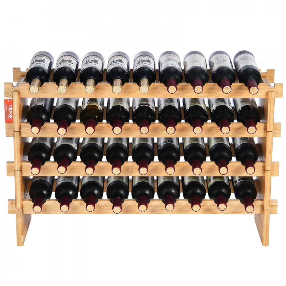 VEVOR 36 Bottle Stackable Modular Wine Rack, 4-Tier Solid Bamboo Wood Storage Racks, Floor Freestanding Wines Holder Display Shelf, Wobble-Free Shelves for Kitchen, Bar, and Cellar (Natural Color)