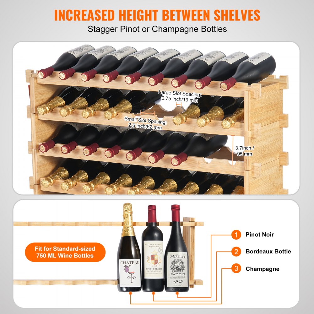 VEVOR 72 Bottle Upgrade Modular Wine Rack, Continuously Store Pinot Bottles, 8-Tier Bamboo Wood Storage Rack, Floor Freestanding Wines Holder Display Shelf, Wobble-Free Shelves for Kitchen Bar Cellar