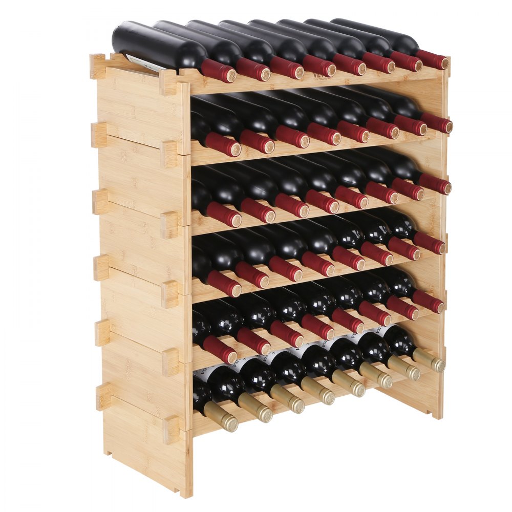 VEVOR 48 Bottle Stackable Modular Wine Rack, 6-Tier Solid Bamboo Wood Storage Racks, Floor Freestanding Wines Holder Display Shelf, Wobble-Free Shelves for Kitchen, Bar, and Cellar (Natural Color)
