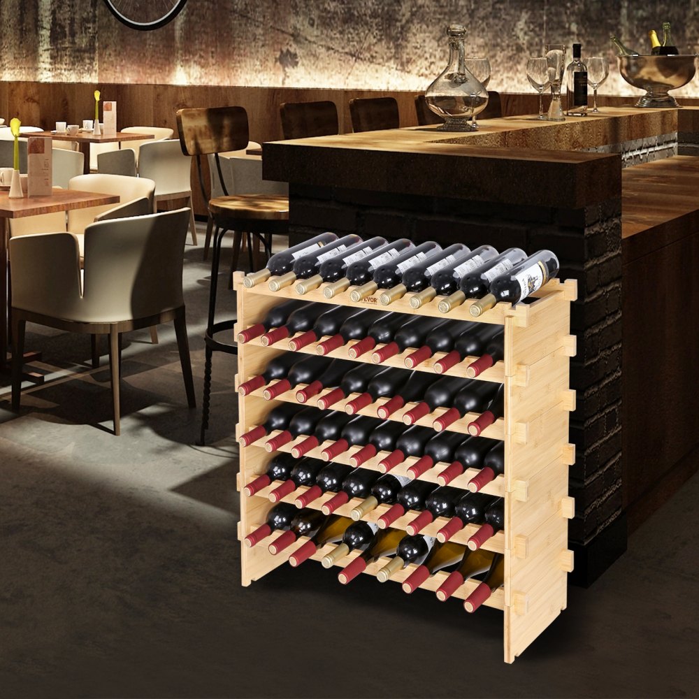 VEVOR 72 Bottle Stackable Modular Wine Rack, 8-Tier Solid Bamboo Wood Storage Racks, Floor Freestanding Wines Holder Display Shelf, Wobble-Free Shelves for Kitchen, Bar, and Cellar (Natural Color)