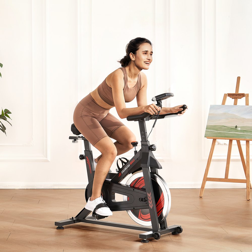 VEVOR Exercise Bike, Adjustable Stationary Bike, Indoor Cycling Bike for Home Cardio, Workout Bike with Silent Belt Drive, Comfortable Seat Cushion, LCD Monitor, and Heavy Flywheel