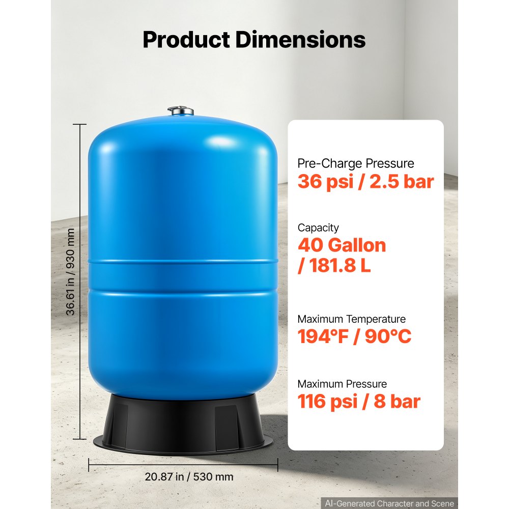VEVOR 40-Gallon Vertical Well Pressure Tank, Pre-Charged Pressurized Water Tank for Well Pumps, Heavy-Duty Carbon Steel Water Storage Container for Home, School, Farm & Irrigation Systems
