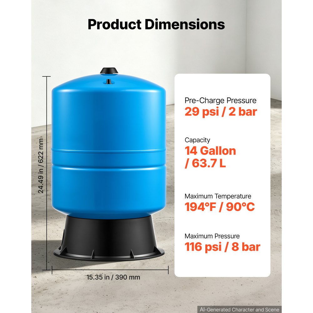 VEVOR 14-Gallon Vertical Well Pressure Tank, Pre-Charged Pressurized Water Tank for Well Pumps, Heavy-Duty Carbon Steel Water Storage Container for Home, School, Farm & Irrigation Systems