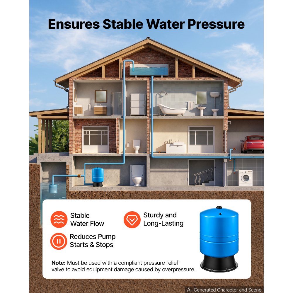 VEVOR 14-Gallon Vertical Well Pressure Tank, Pre-Charged Pressurized Water Tank for Well Pumps, Heavy-Duty Carbon Steel Water Storage Container for Home, School, Farm & Irrigation Systems