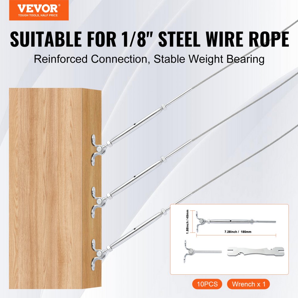 VEVOR T316 Stainless Steel Adjustable Angle 1/8" Cable Railing Kit/Hardware for Wood Post，Marine Grade for 1/8"Wire Rope,0-180-Degree Angle & Easy Installation, Silver (10 Pack)