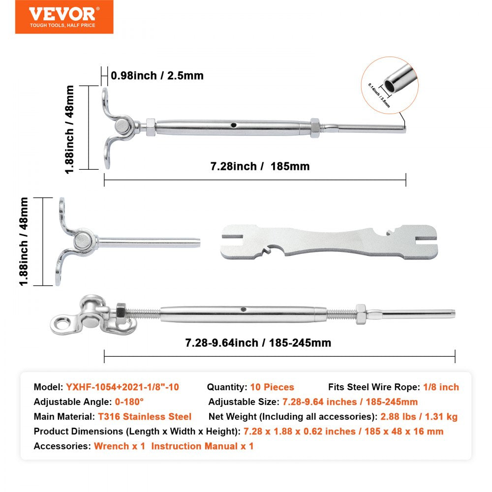 VEVOR T316 Stainless Steel Adjustable Angle 1/8" Cable Railing Kit/Hardware for Wood Post，Marine Grade for 1/8"Wire Rope,0-180-Degree Angle & Easy Installation, Silver (10 Pack)