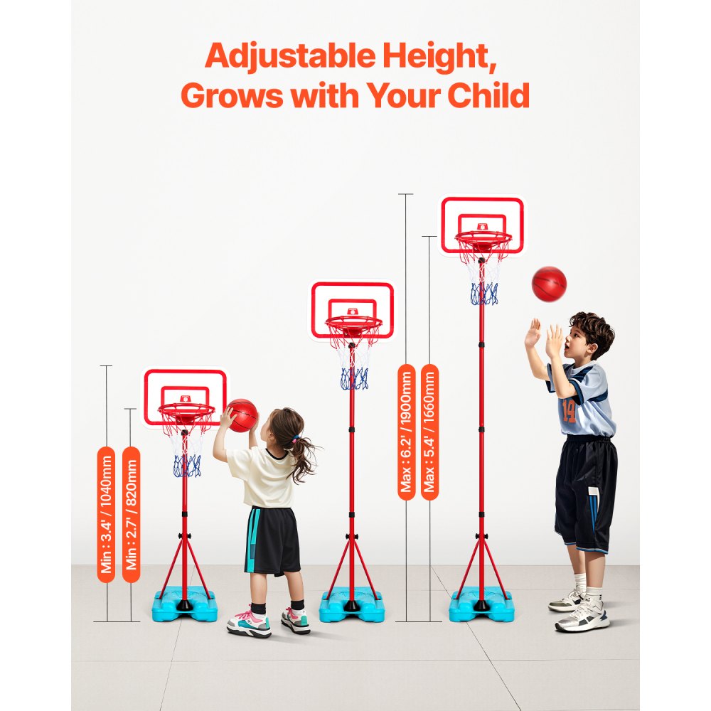 VEVOR Kids Basketball Hoop, Height Adjustable, Portable Basketball Court with Fillable Base, Indoor and Outdoor Backyard Sport Game, Toddler Basketball Toys for Kids 3-8 Years Old, Boys and Girls
