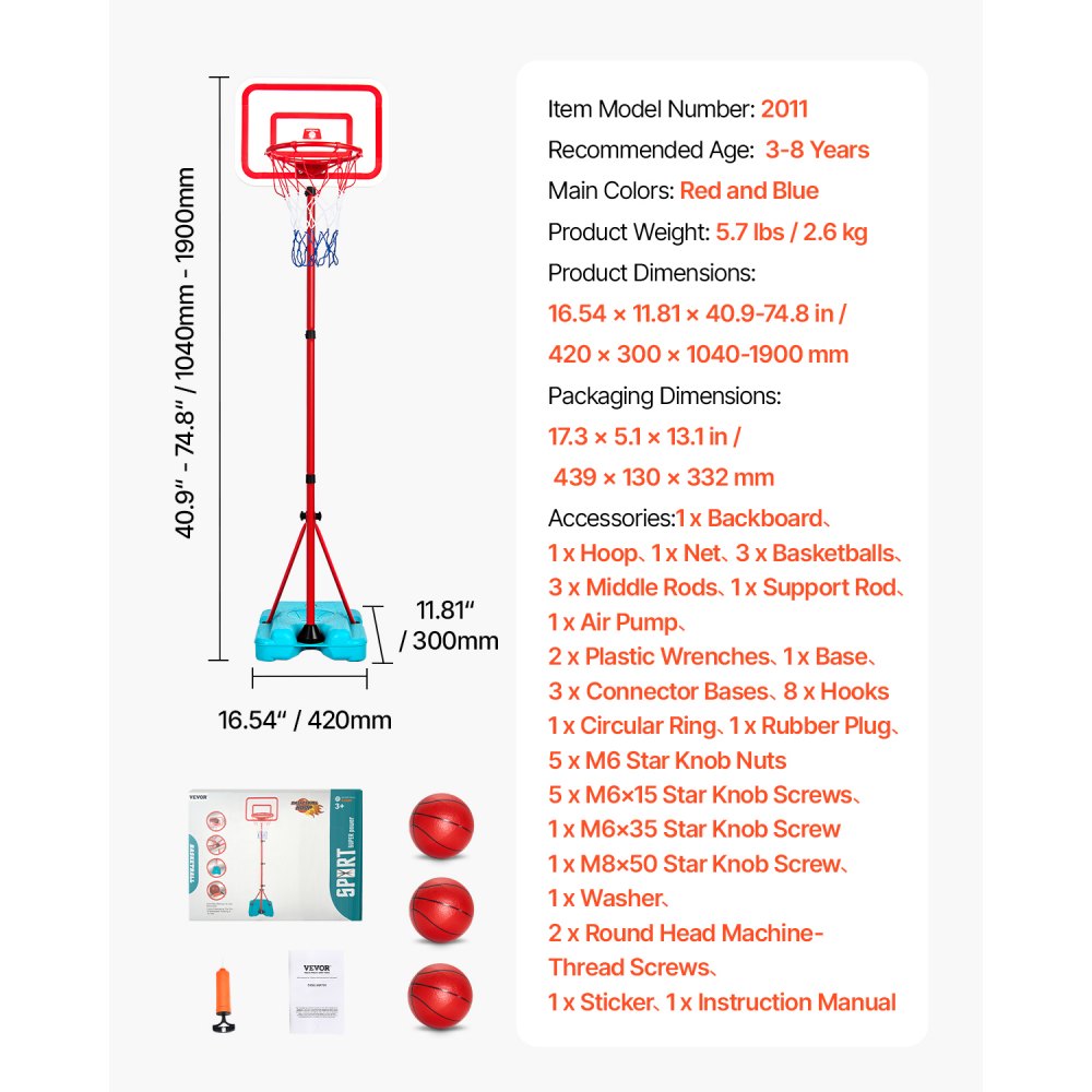 VEVOR Kids Basketball Hoop, Height Adjustable, Portable Basketball Court with Fillable Base, Indoor and Outdoor Backyard Sport Game, Toddler Basketball Toys for Kids 3-8 Years Old, Boys and Girls