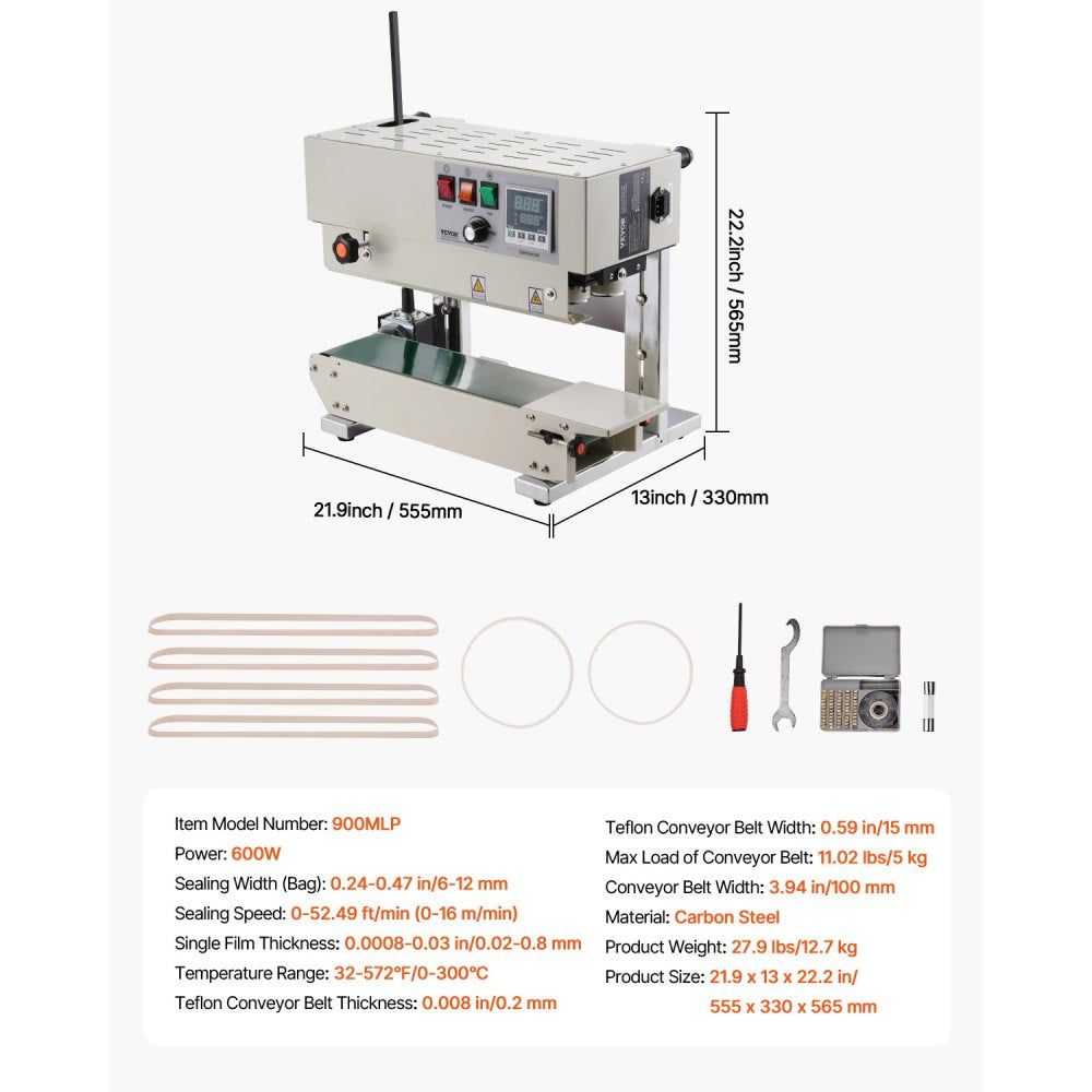 VEVOR Continuous Bag Band Sealing Machine, 0.24-0.47 in/6-12 mm Seal Width, Vertical Band Sealer Machine with Digital Temperature Control, Carbon Steel Bag Sealer for 0.02-0.8 mm Plastic Bags Films