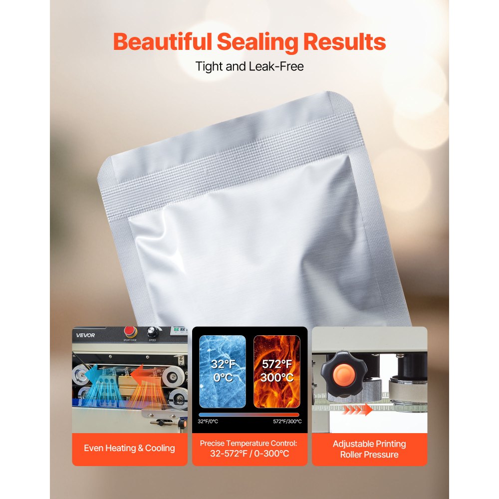 VEVOR Continuous Bag Band Sealing Machine, 0.24-0.47 in Seal Width, Vertical Band Sealer Machine with Roller Printing , Temp & Speed Adjustable, Heat Sealing Machine for 0.001-0.03 in Plastic Bags