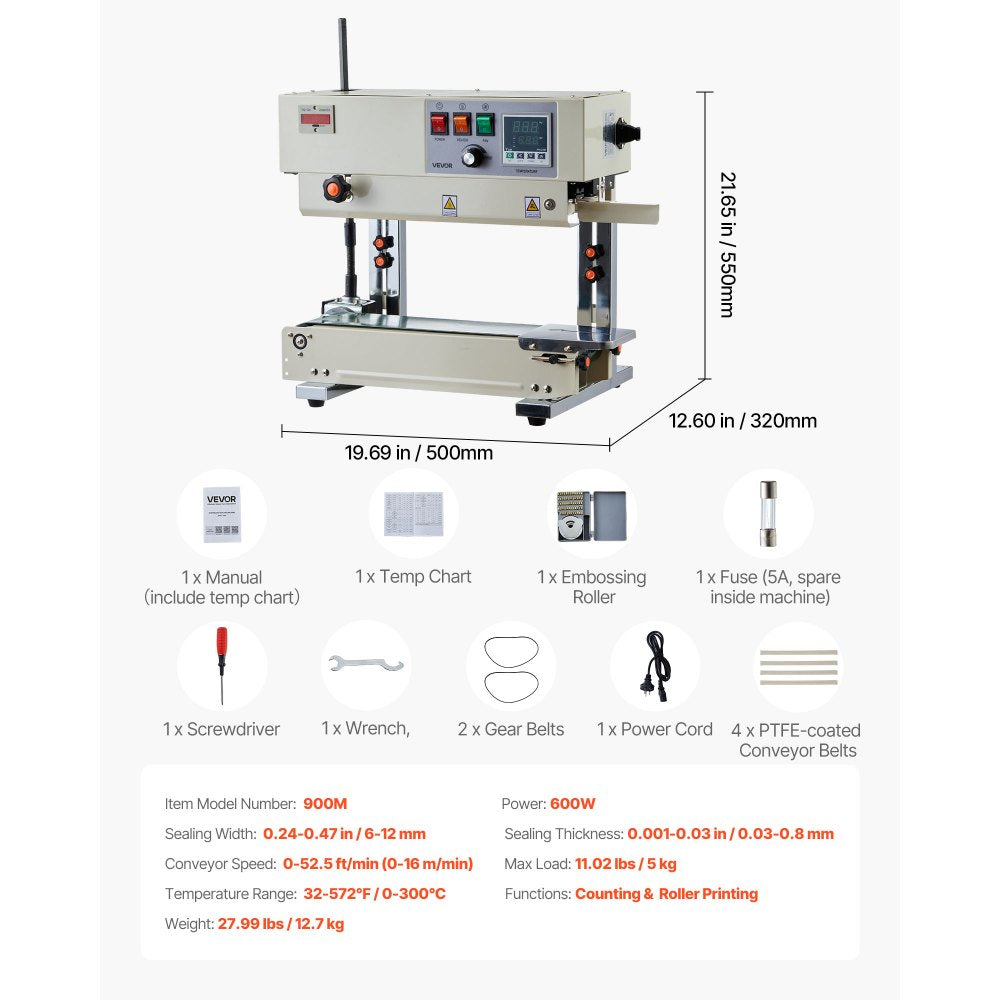 VEVOR Continuous Bag Band Sealing Machine, 0.24-0.47 in Seal Width, Vertical Band Sealer Machine with Roller Printing , Temp & Speed Adjustable, Heat Sealing Machine for 0.001-0.03 in Plastic Bags