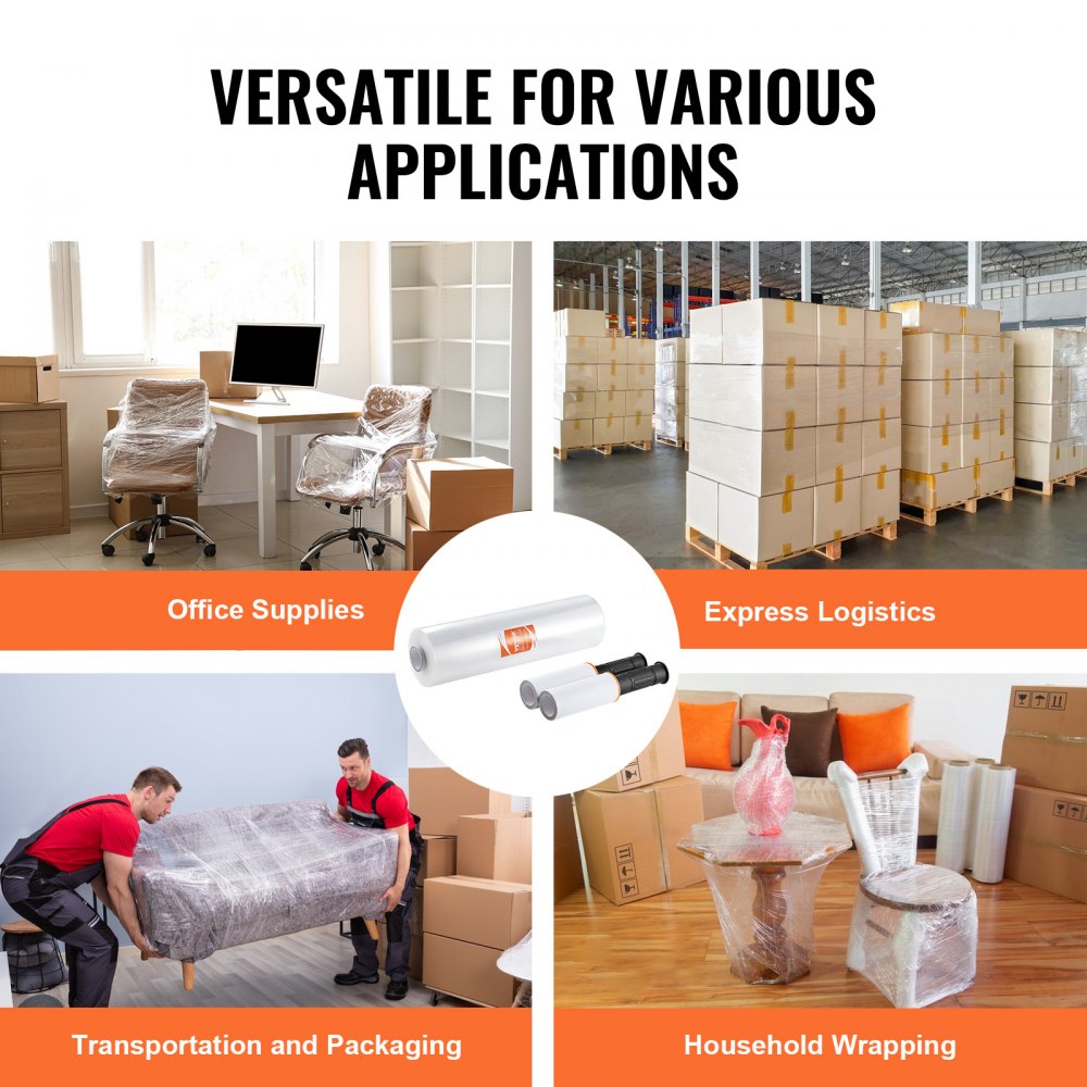 VEVOR Stretch Film, 15 inches x 1200 feet, 1 Pack, 80 Gauge Industrial Strength Clear Durable Stretch Wrap Roll, Heavy Duty Shrink Film Stretch Wrap with Handles for Pallet Wrapping Shipping Moving
