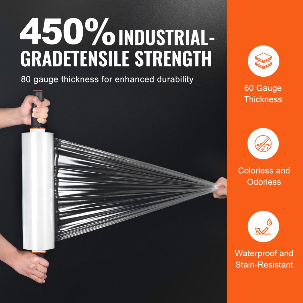 VEVOR Stretch Film, 15 inches x 1200 feet, 4 Pack, 80 Gauge Industrial Strength Clear Durable Stretch Wrap Roll, Heavy Duty Shrink Film Stretch Wrap with Handles for Pallet Wrapping Shipping Moving