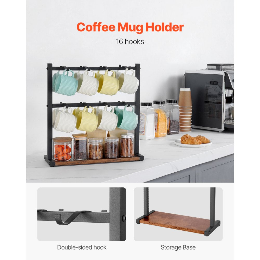 VEVOR Coffee Mug Holder for Countertop, 16 Hooks Coffee Cup Holder with Storage Base, 2 Tier Mugs Tree Rack Carbon Steel & Wood Mug Display Stand, for Coffee Bar Home Storage and Display (Matte Black)