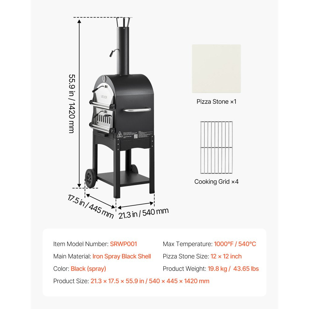 VEVOR Outdoor Pizza Oven, 12" Pellet Fire Ovens, 2-Layer Pizza Oven Wood Fired, Wood Burning Outdoor Pizza-Oven with 2 Removable Wheels, 1000℉ Max Temperature Fired Pizza-Maker Ovens for Barbecue