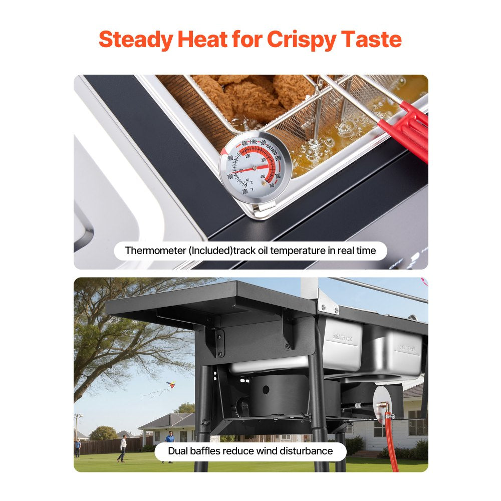 VEVOR Outdoor Propane Deep Fryer, Dual-Tank 8QTx2 Commercial Fryer, Stainless Steel Cooker with Foldable Platform, Dual Basket, and Heat Adjustment, Floor Standing Fryers for Restaurant Home Snack Bar