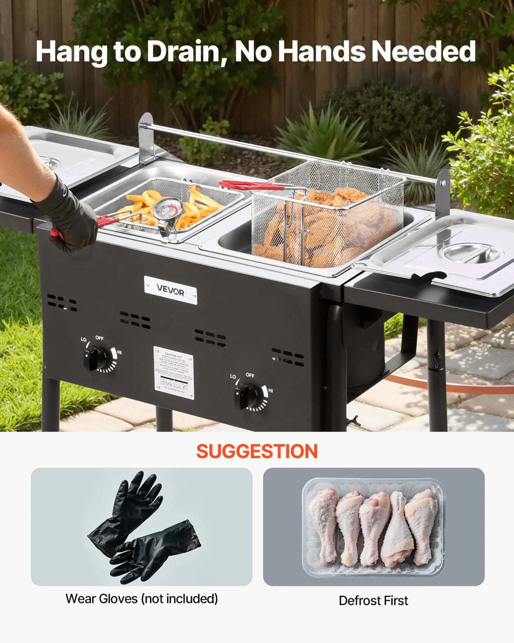 VEVOR Outdoor Propane Deep Fryer, Dual-Tank 8QTx2 Commercial Fryer, Stainless Steel Cooker with Foldable Platform, Dual Basket, and Heat Adjustment, Floor Standing Fryers for Restaurant Home Snack Bar