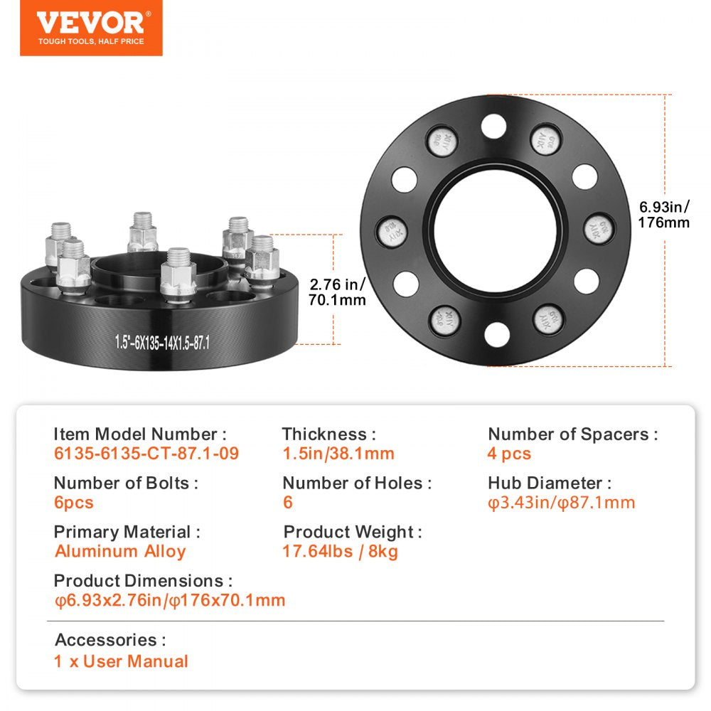 VEVOR Wheel Spacers, 1.5" 6"x5.3" Wheel Adapters, 6 Lug Forged Spacer, 87.1 mm Bore Hubcentric M14 x1.5 Studs Spacers, Fit for Ford F150, Expedition, Lobo, Navigator, 4 PCS Black