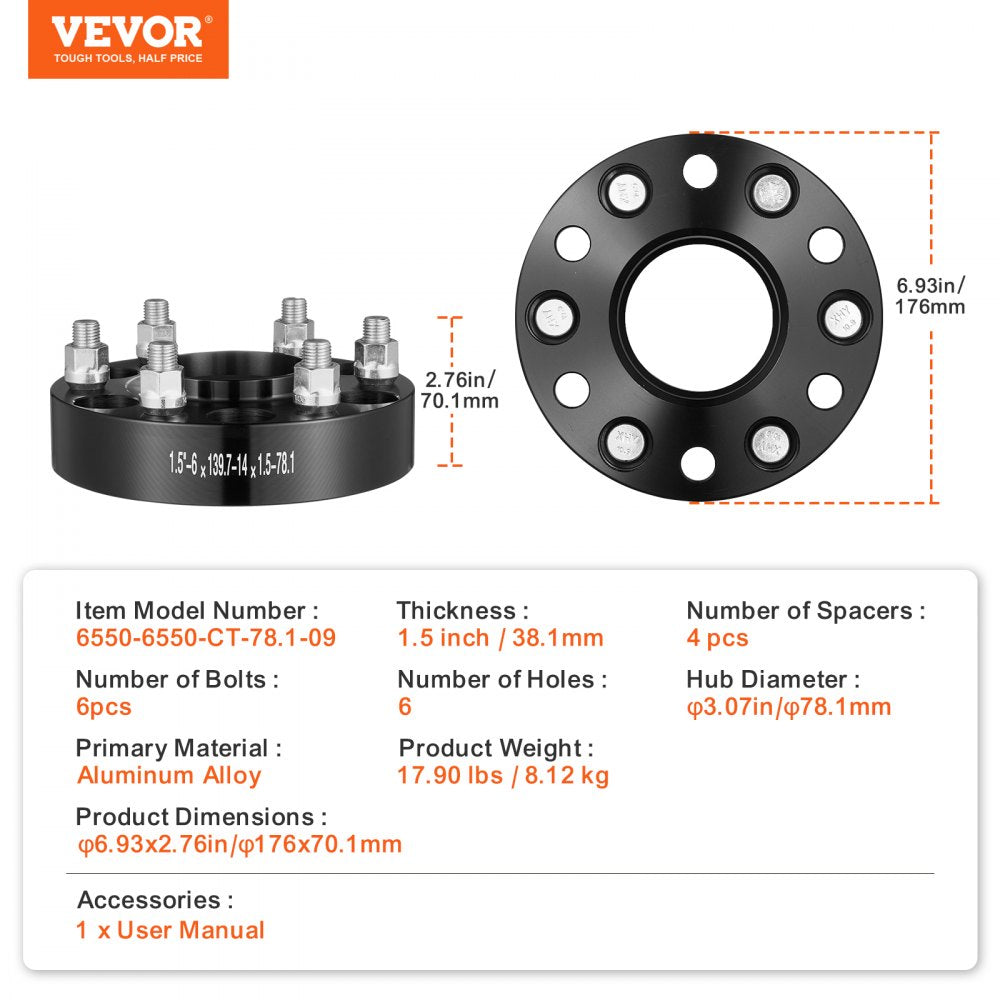 VEVOR Wheel Spacers, 1.5" 6"x5" Wheel Adapters, 6 Lug Forged Spacer, 78.1 mm Bore Hubcentric M14 x1.5 Studs Spacers, Fit for 1995-2023 Chevrolet, GMC, and Cadillac, 4 PCS Black