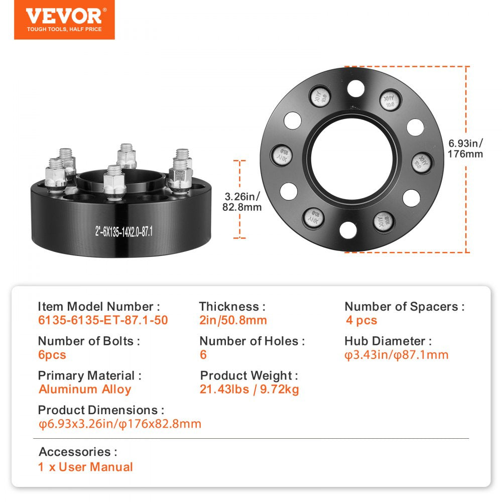 VEVOR Wheel Spacers, 2" 6"x5.3" Wheel Adapters, 6 Lug Forged Spacer, 87.1 mm Bore Hubcentric M14 x2 Studs Spacers, Fit for Ford  Expedition, F150, Lincoln Navigator, 4 PCS Black