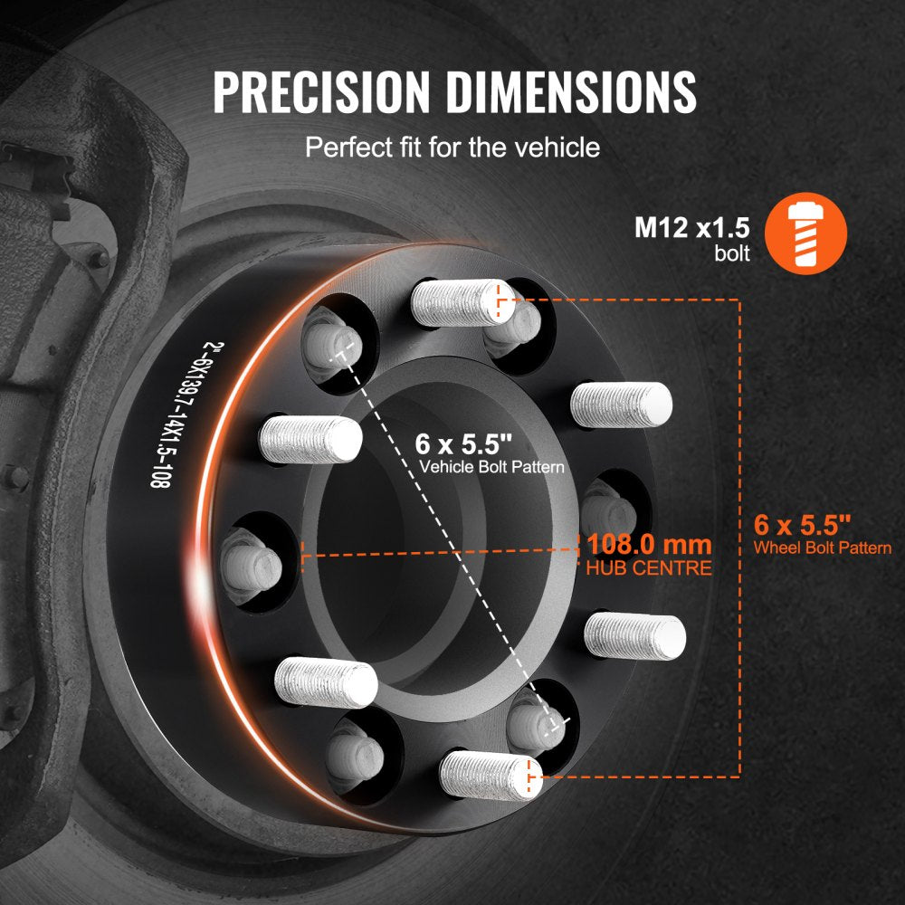 VEVOR Wheel Spacers, 2" 6"x5.5" Wheel Adapters, 6 Lug Forged Spacer, 108 mm Bore Hubcentric M14 x1.5 Studs Spacers, Fit for 1988-2023 Chevrolet, GMC, and Cadillac, 4 PCS Black