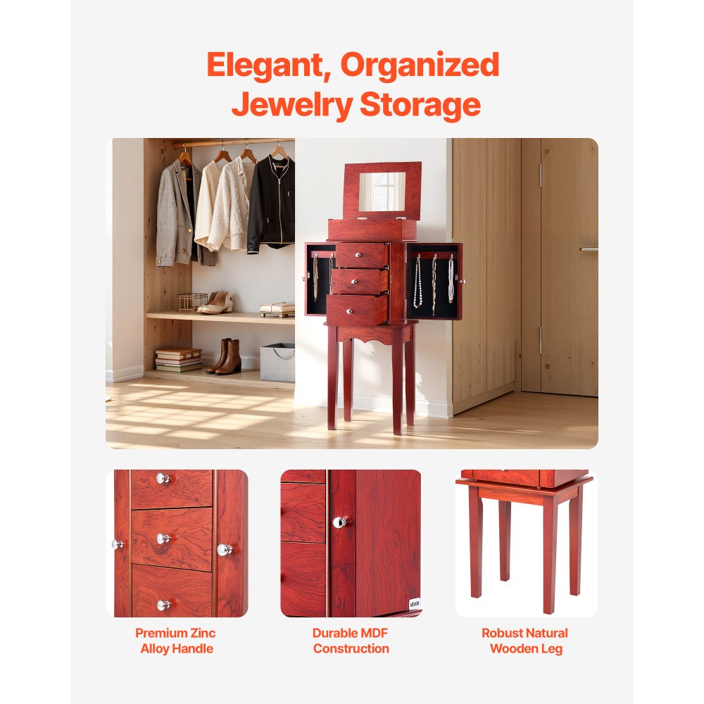 VEVOR Jewelry Cabinet Armoire, Standing Wood Jewelry Storage Chest with 3 Drawers, Flip Top Mirror, 4 Top Storage Compartments, Zinc Alloy Handles, 2 Side Doors with 6 Necklace Hooks