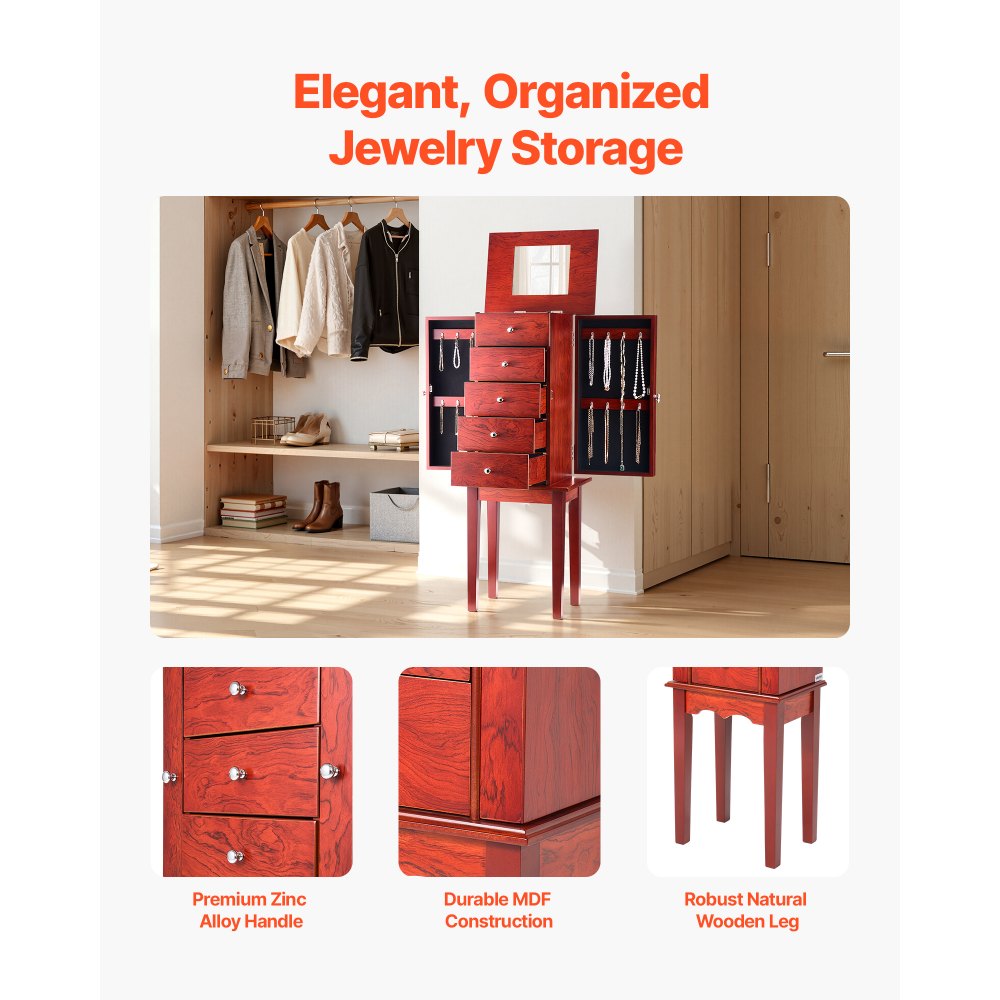 VEVOR Jewelry Cabinet Armoire, Standing Wood Jewelry Storage Chest with 4 Spacious Drawers, Flip Top Mirror, 4 Top Storage Compartments, Zinc Alloy Handles, 2 Side Doors with 16 Necklace Hooks