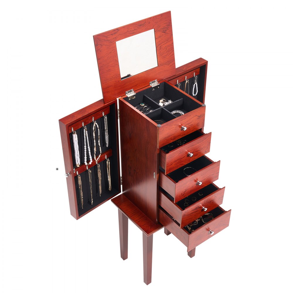 VEVOR Jewelry Cabinet Armoire, Standing Wood Jewelry Storage Chest with 4 Spacious Drawers, Flip Top Mirror, 4 Top Storage Compartments, Zinc Alloy Handles, 2 Side Doors with 16 Necklace Hooks