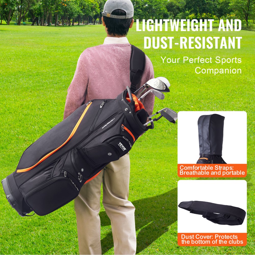 VEVOR Golf Cart Bag with 14 Way Organizer Divider Top, 36” 13 Pockets Premium Cart Bag, Durable Golf Bags with Handles & Dust Cover & Detachable Straps for Men & Women, Black & Orange