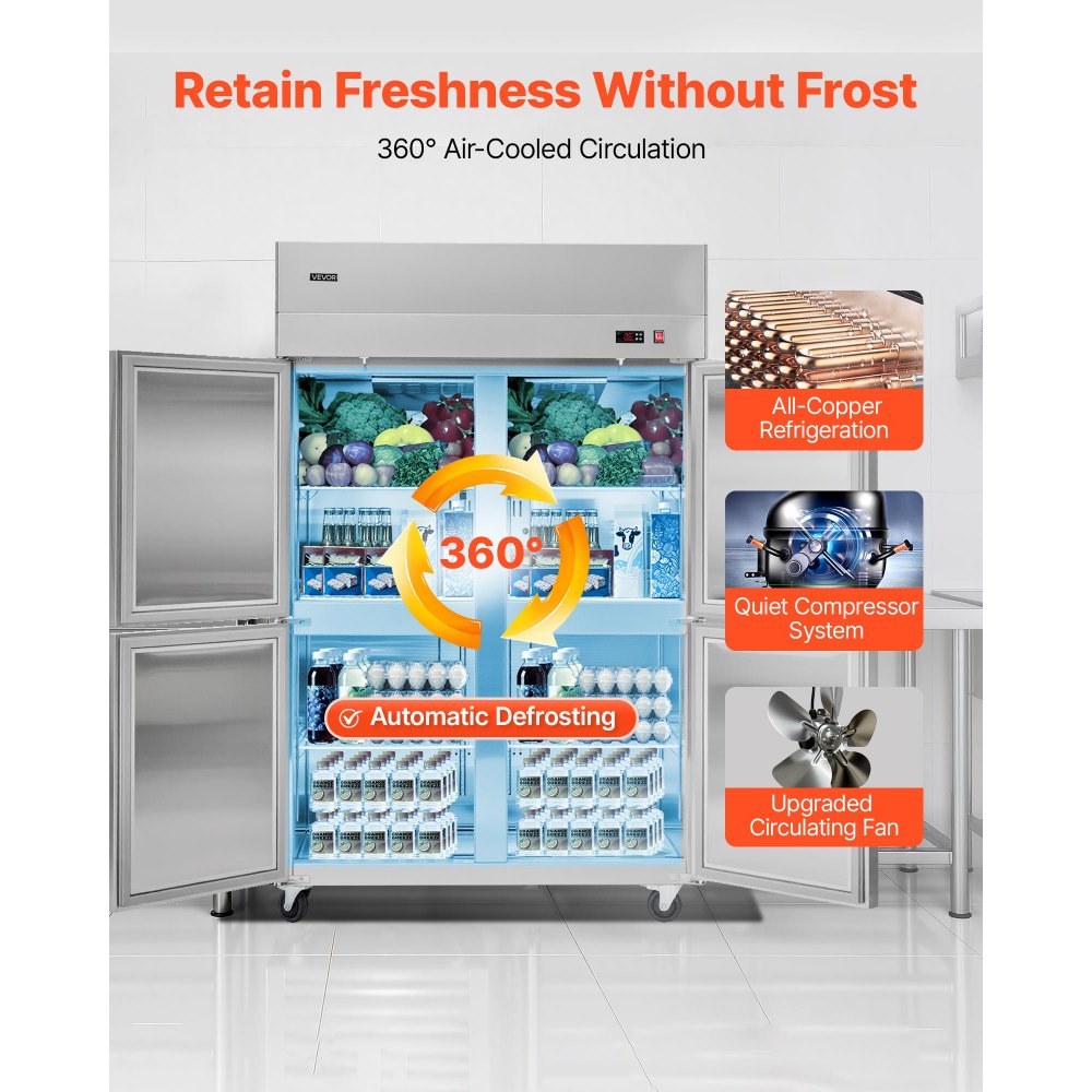 VEVOR Commercial Refrigerator, 31.89 in Width Reach In Upright Refrigeration Four Door, 31.4 Cu.ft Auto-Defrost Stainless Steel Refrigerator with 6 Adjustable Shelves, 32 to 50℉ Temp Range, 4 Wheels