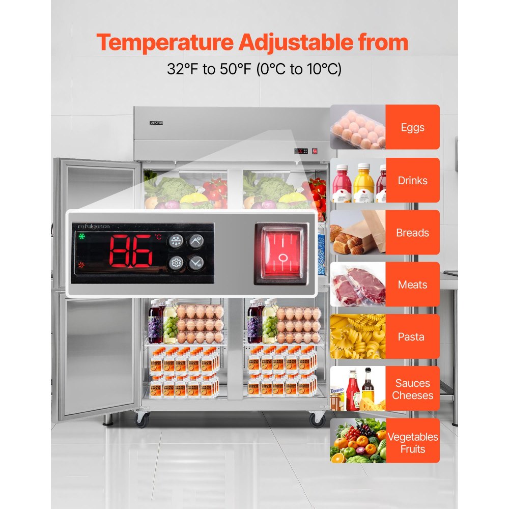 VEVOR Commercial Refrigerator, 31.89 in Width Reach In Upright Refrigeration Four Door, 31.4 Cu.ft Auto-Defrost Stainless Steel Refrigerator with 6 Adjustable Shelves, 32 to 50℉ Temp Range, 4 Wheels