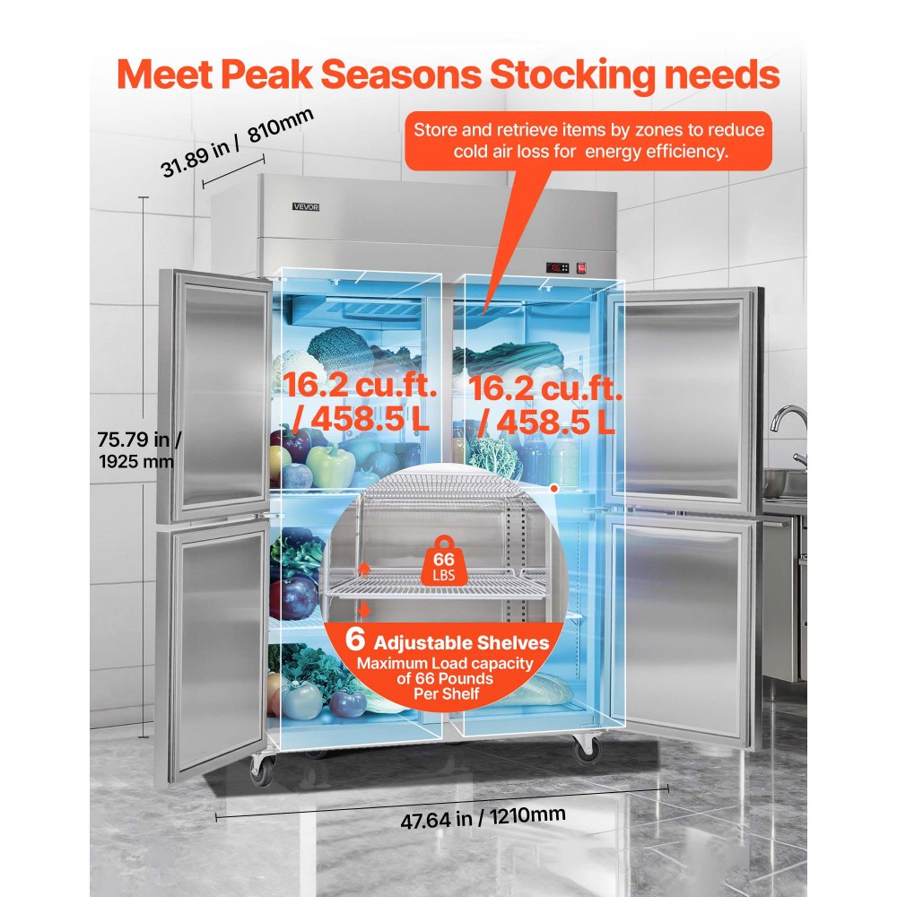 VEVOR Commercial Refrigerator, 31.89 in Width Reach In Upright Refrigeration Four Door, 31.4 Cu.ft Auto-Defrost Stainless Steel Refrigerator with 6 Adjustable Shelves, 32 to 50℉ Temp Range, 4 Wheels