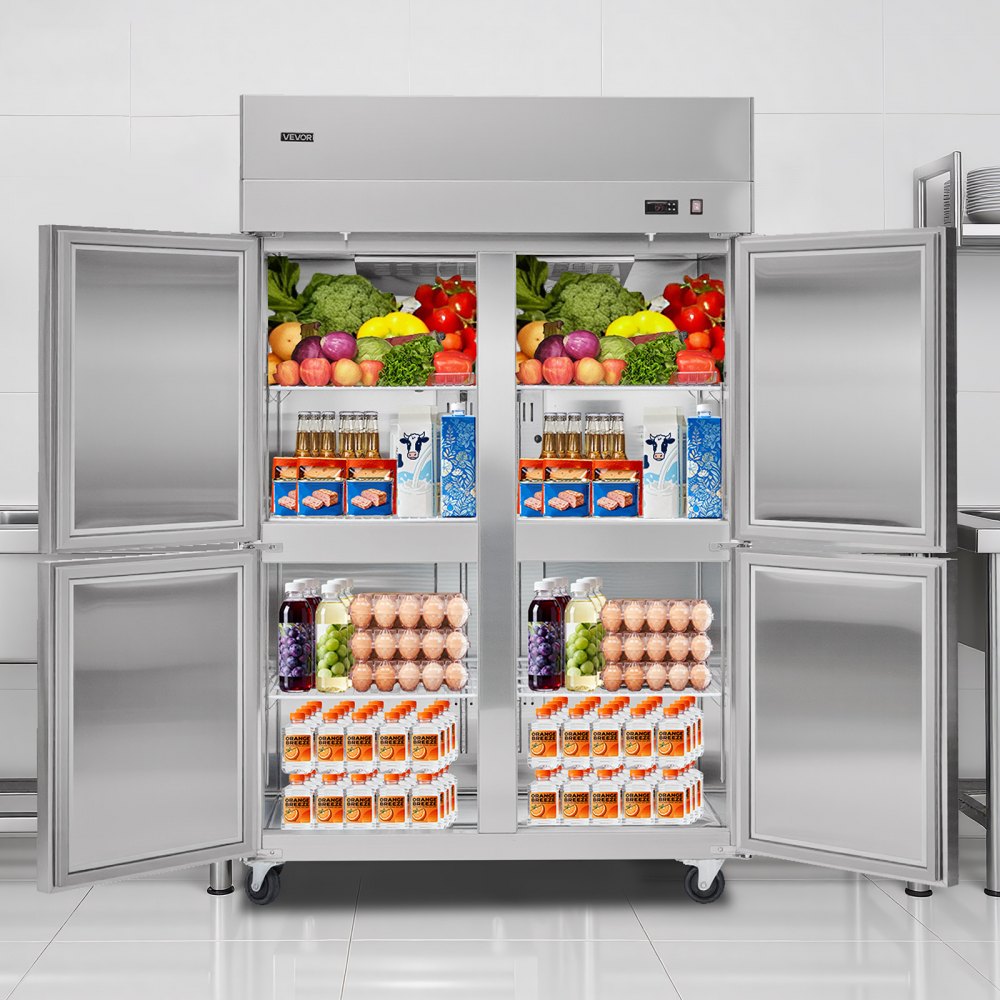 VEVOR Commercial Refrigerator, 31.89 in Width Reach In Upright Refrigeration Four Door, 31.4 Cu.ft Auto-Defrost Stainless Steel Refrigerator with 6 Adjustable Shelves, 32 to 50℉ Temp Range, 4 Wheels