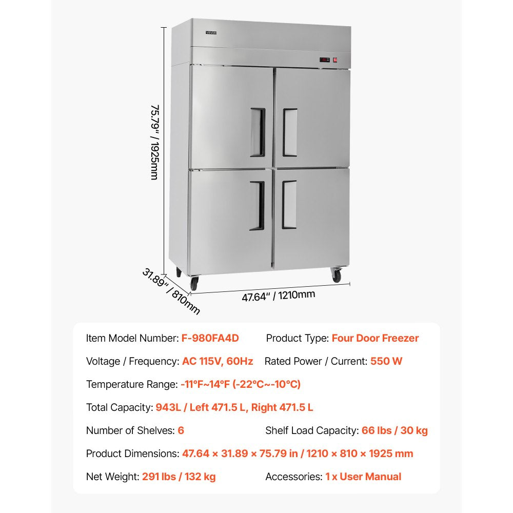 VEVOR Commercial Freezer, 31.89 in Width Reach In Upright-Freezer Four Door, 31.4 Cu.ft Auto-Defrost Stainless Steel Freezer with 6 Adjustable Shelves, -11 to 14℉ Temp Control, LED Light, 4 Wheels