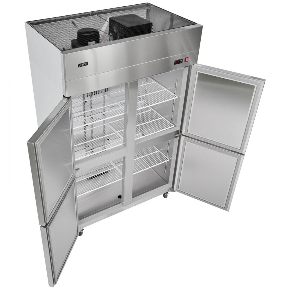 VEVOR Commercial Freezer, 31.89 in Width Reach In Upright-Freezer Four Door, 31.4 Cu.ft Auto-Defrost Stainless Steel Freezer with 6 Adjustable Shelves, -11 to 14℉ Temp Control, LED Light, 4 Wheels