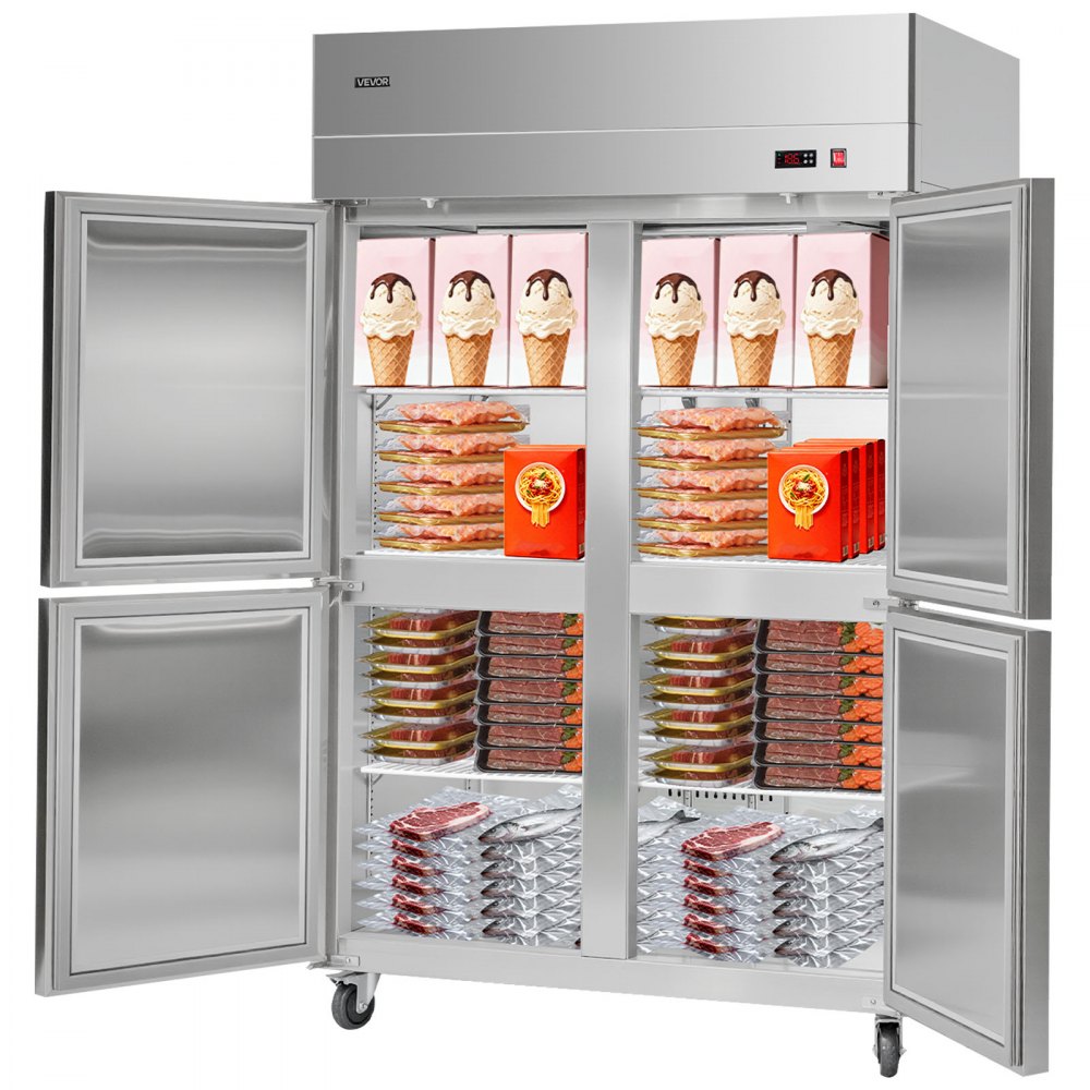 VEVOR Commercial Freezer, 31.89 in Width Reach In Upright-Freezer Four Door, 31.4 Cu.ft Auto-Defrost Stainless Steel Freezer with 6 Adjustable Shelves, -11 to 14℉ Temp Control, LED Light, 4 Wheels