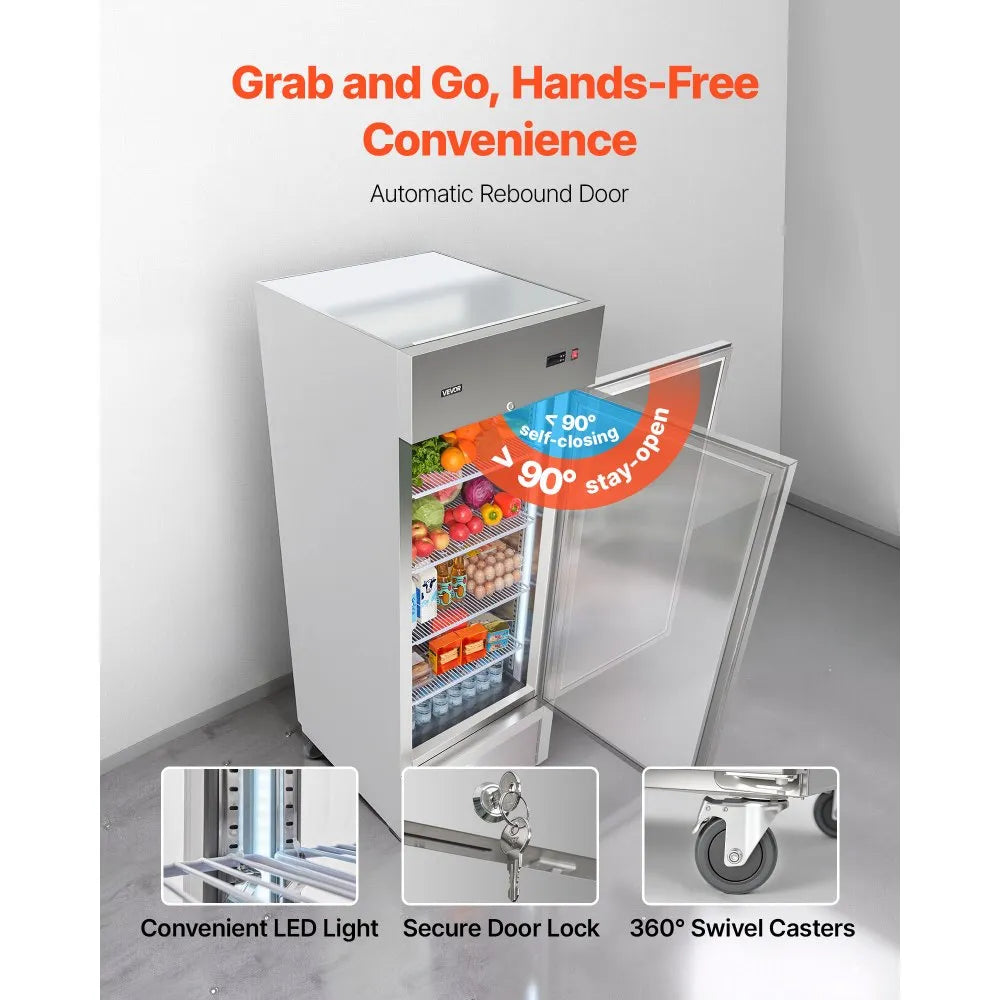 VEVOR Commercial Reach-In Refrigerator 29" W, 22 Cu.Ft Stainless Steel Upright Refrigerator with Single Door, Auto-Defrost, 4 Adjustable Shelves, 32 to 50℉ Temperature Control, ETL Certified