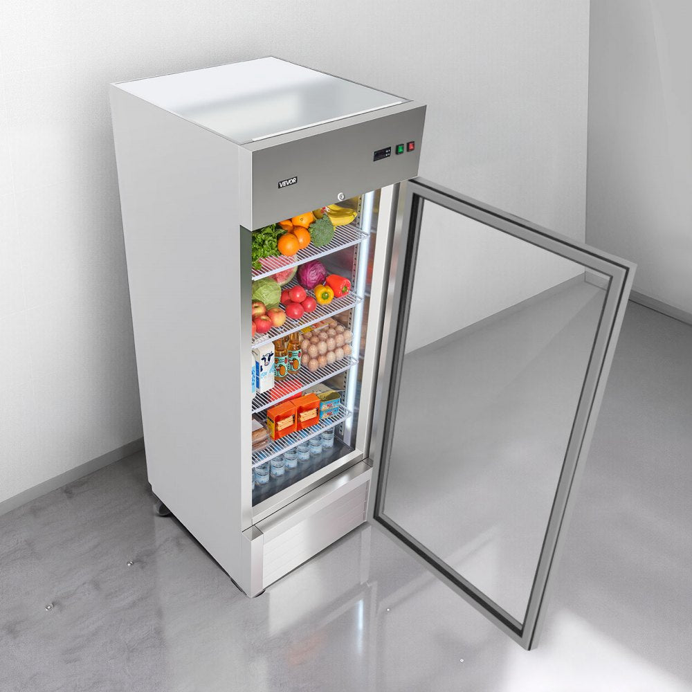 VEVOR Commercial Refrigerator, 29.02 in Width Reach In Upright Refrigeration Single Glass Door, 21.5 Cu.ft Auto-Defrost Stainless Steel Refrigerator with 4 Adjustable Shelves, 32 to 50℉ Temp Range