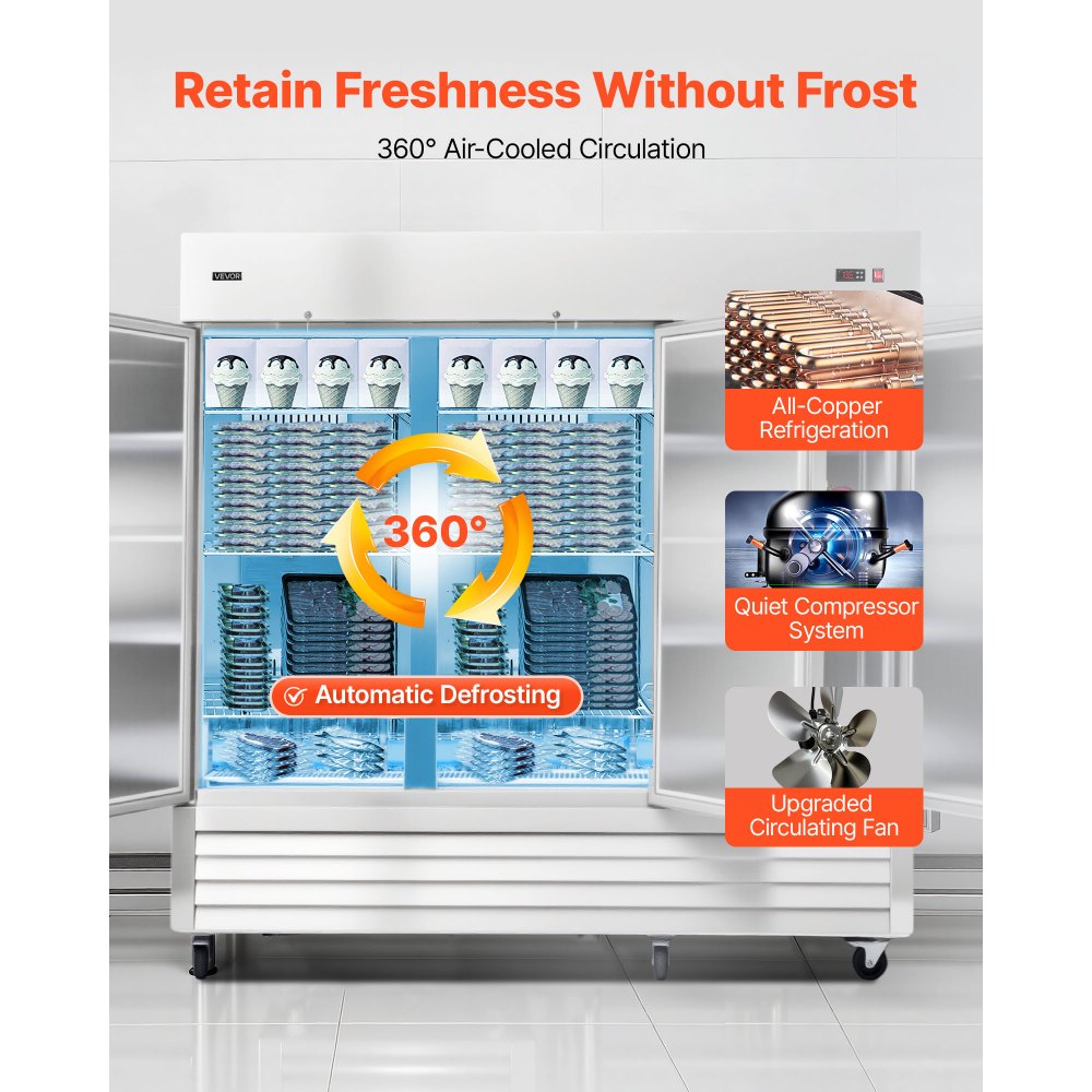 VEVOR Commercial Freezer, 32.2 in Width Reach In Upright-Freezer Three Door, 66.9 Cu.ft Auto-Defrost Stainless Steel Freezer with 12 Adjustable Shelves, -11 to 14℉ Temp Control, LED Light, 4 Wheels