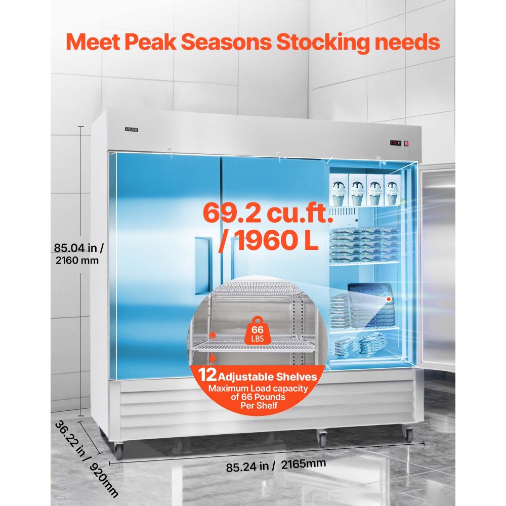 VEVOR Commercial Freezer, 32.2 in Width Reach In Upright-Freezer Three Door, 66.9 Cu.ft Auto-Defrost Stainless Steel Freezer with 12 Adjustable Shelves, -11 to 14℉ Temp Control, LED Light, 4 Wheels