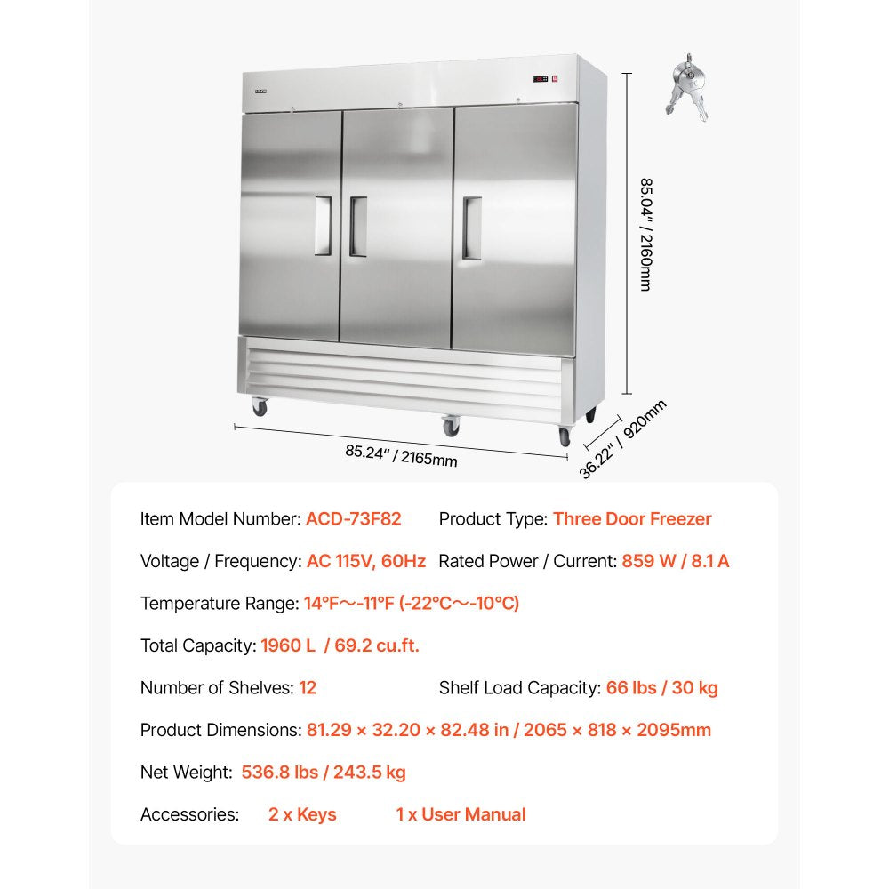 VEVOR Commercial Freezer, 32.2 in Width Reach In Upright-Freezer Three Door, 66.9 Cu.ft Auto-Defrost Stainless Steel Freezer with 12 Adjustable Shelves, -11 to 14℉ Temp Control, LED Light, 4 Wheels