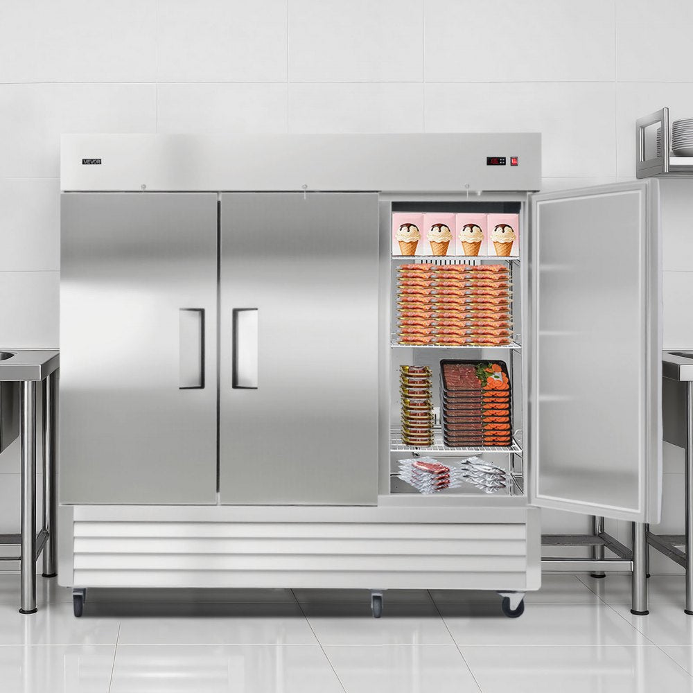 VEVOR Commercial Freezer, 32.2 in Width Reach In Upright-Freezer Three Door, 66.9 Cu.ft Auto-Defrost Stainless Steel Freezer with 12 Adjustable Shelves, -11 to 14℉ Temp Control, LED Light, 4 Wheels
