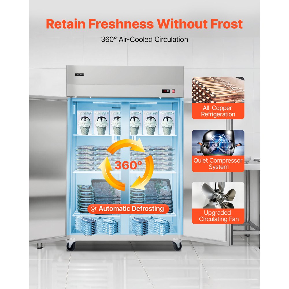 VEVOR Commercial Freezer, 31.89 in Width Reach In Upright-Freezer Double Door, 32.1 Cu.ft Auto-Defrost Stainless Steel Freezer with 8 Adjustable Shelves, -11 to 14℉ Temp Control, LED Light, 4 Wheels